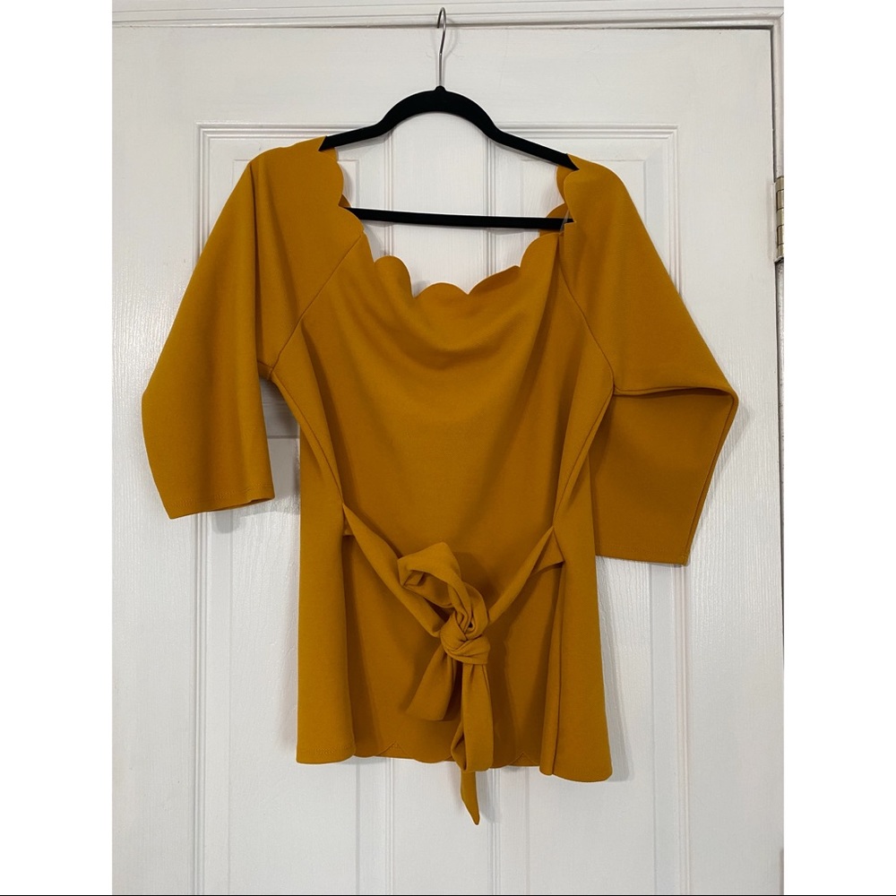 Off-Shoulder Scalloped Tie Blouse